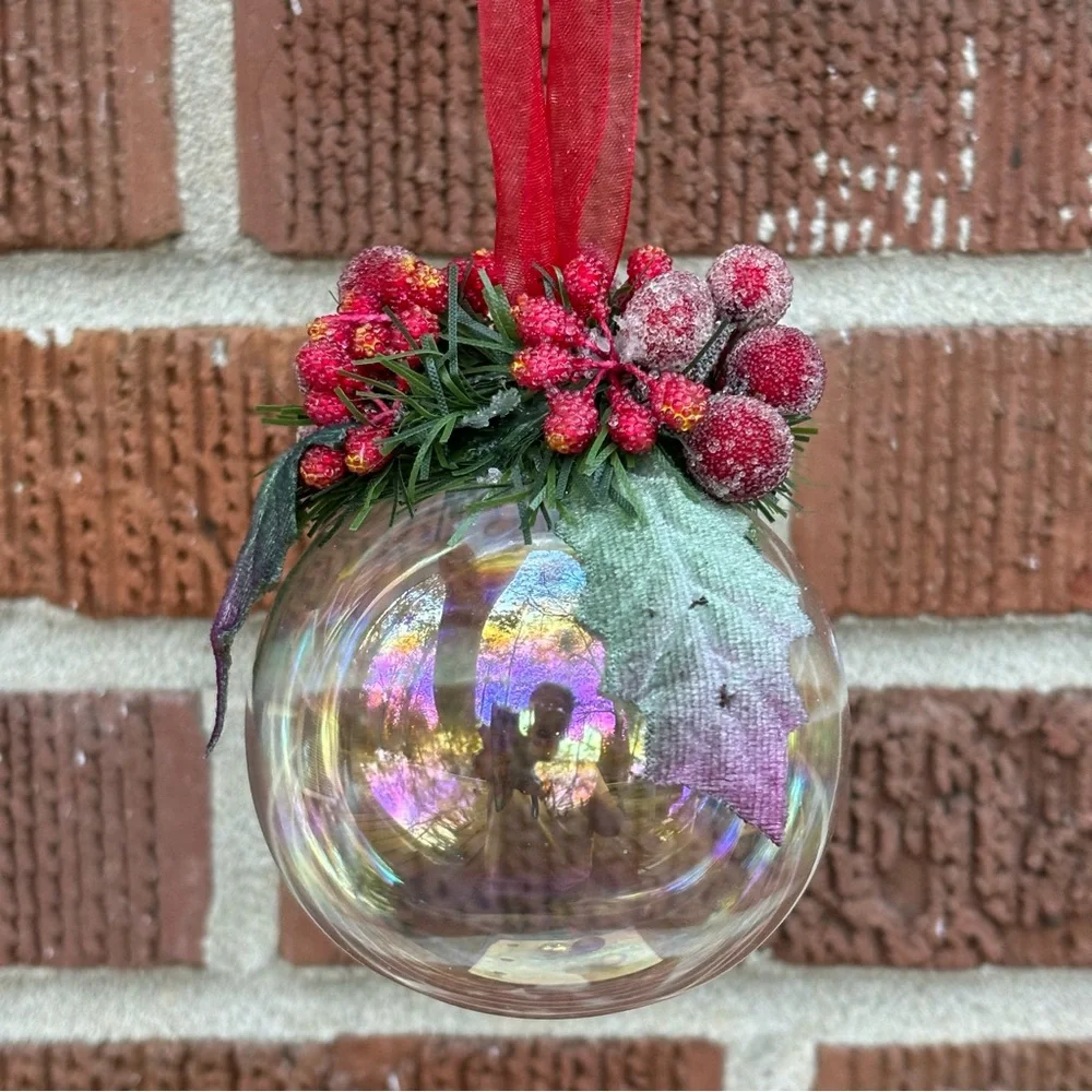 Christmas Tree Ornaments Ball Red White Gold Glitter Ribbon Hand painted 5 pc